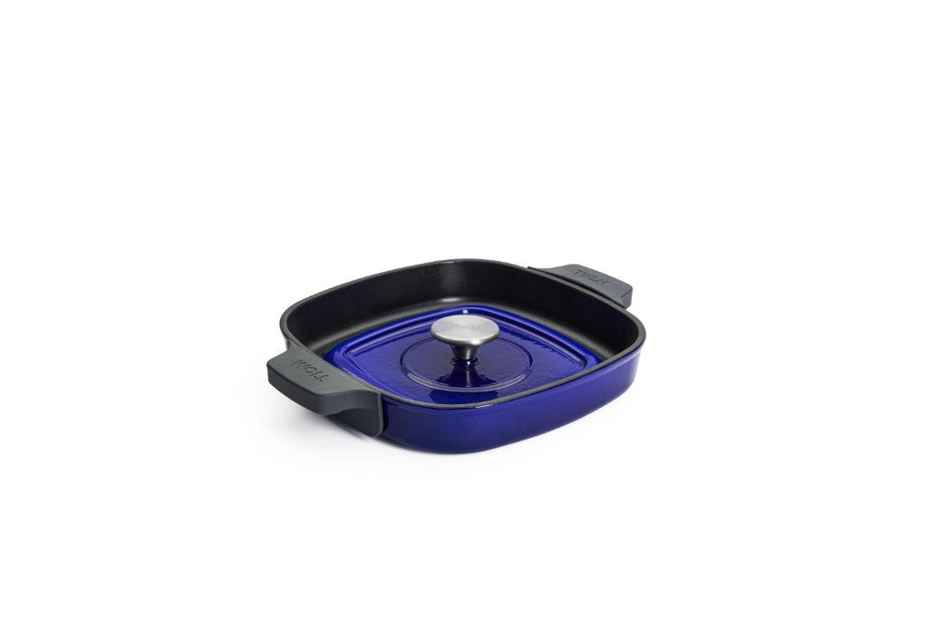 Μαντεμένια γκριλιέρα επισμαλτωμένη Woll Iron Grill με πρέσα ψησίματος 624-2CI-020 24x24cm Cobalt Blue | www.mantemi.gr
