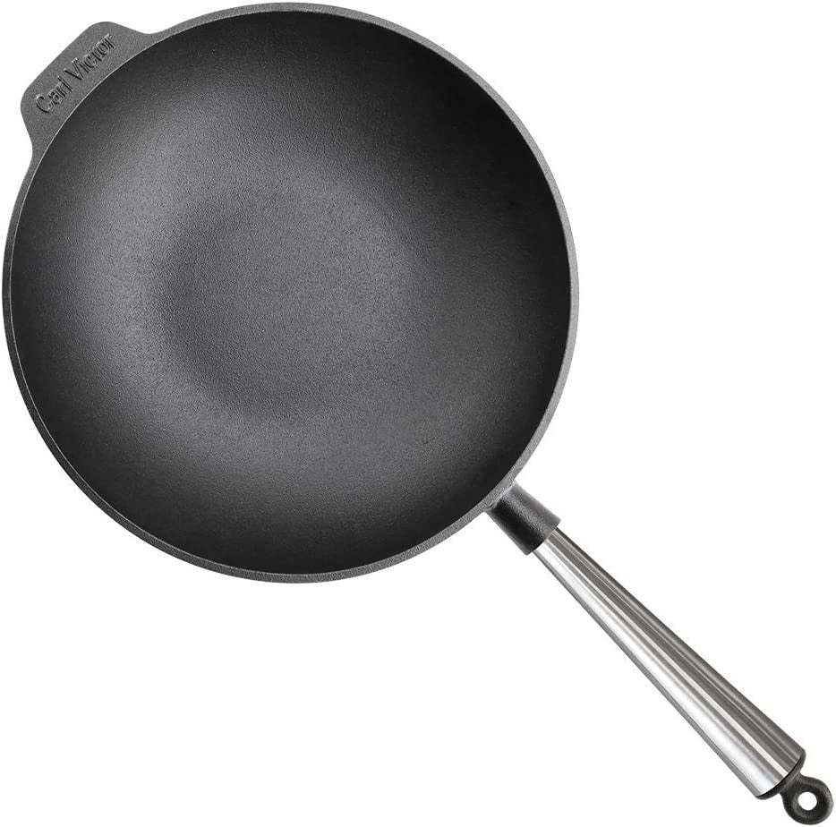 Μαντεμένιο γουόκ Carl Victor 30cm με inox χερούλι | www.mantemi.gr