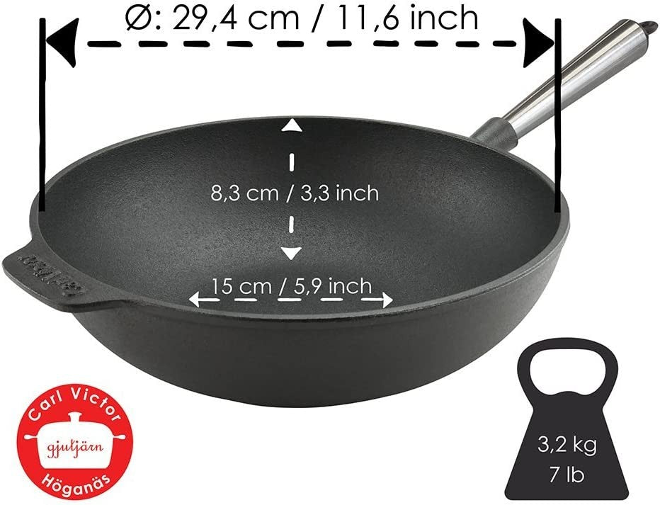 Μαντεμένιο γουόκ Carl Victor 30cm με inox χερούλι | www.mantemi.gr