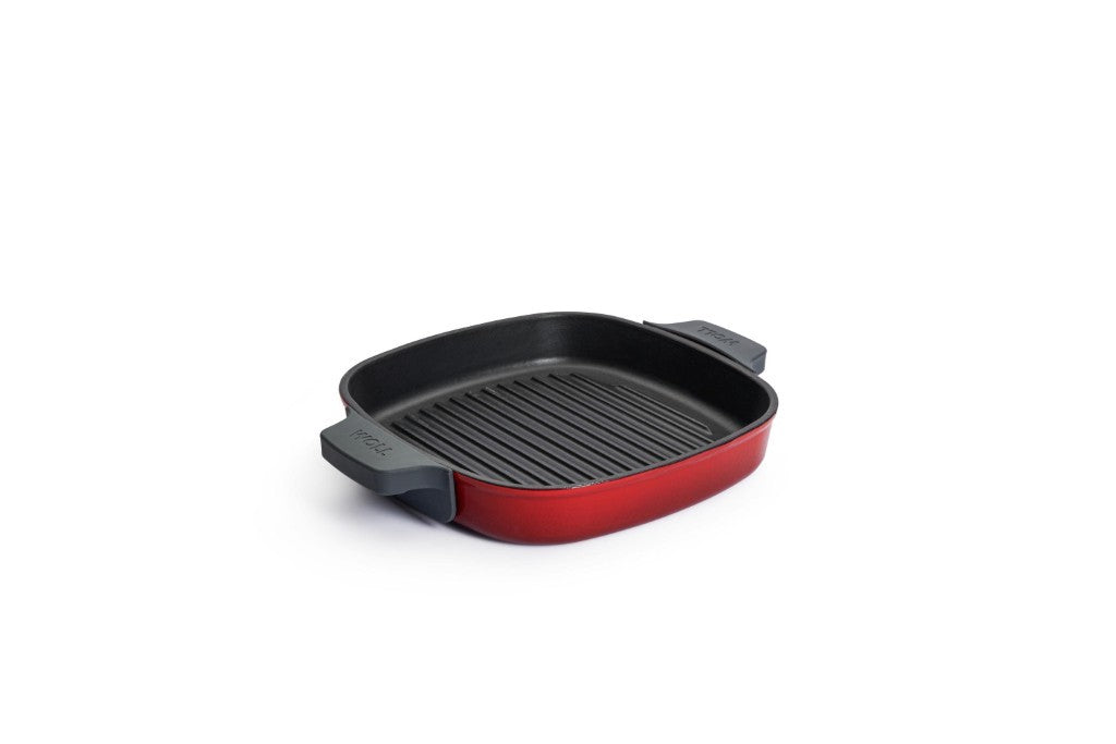 Μαντεμένια γκριλιέρα επισμαλτωμένη Woll Iron Grill με πρέσα ψησίματος 624-2CI-010 24x24cm Chili Red | www.mantemi.gr