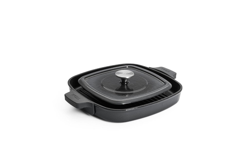 Μαντεμένια γκριλιέρα επισμαλτωμένη Woll Iron Grill με πρέσα ψησίματος 628-2CI-030 28x28cm Carbon Grey | www.mantemi.gr