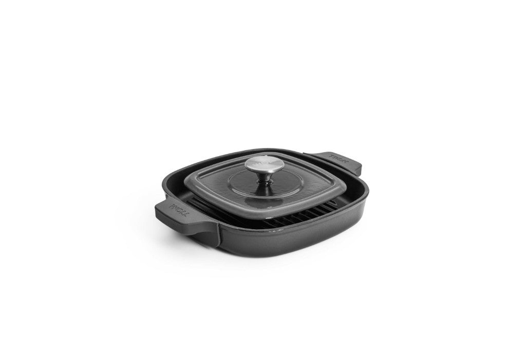Μαντεμένια γκριλιέρα επισμαλτωμένη Woll Iron Grill με πρέσα ψησίματος 624-2CI-030 24x24cm Carbon Grey | www.mantemi.gr