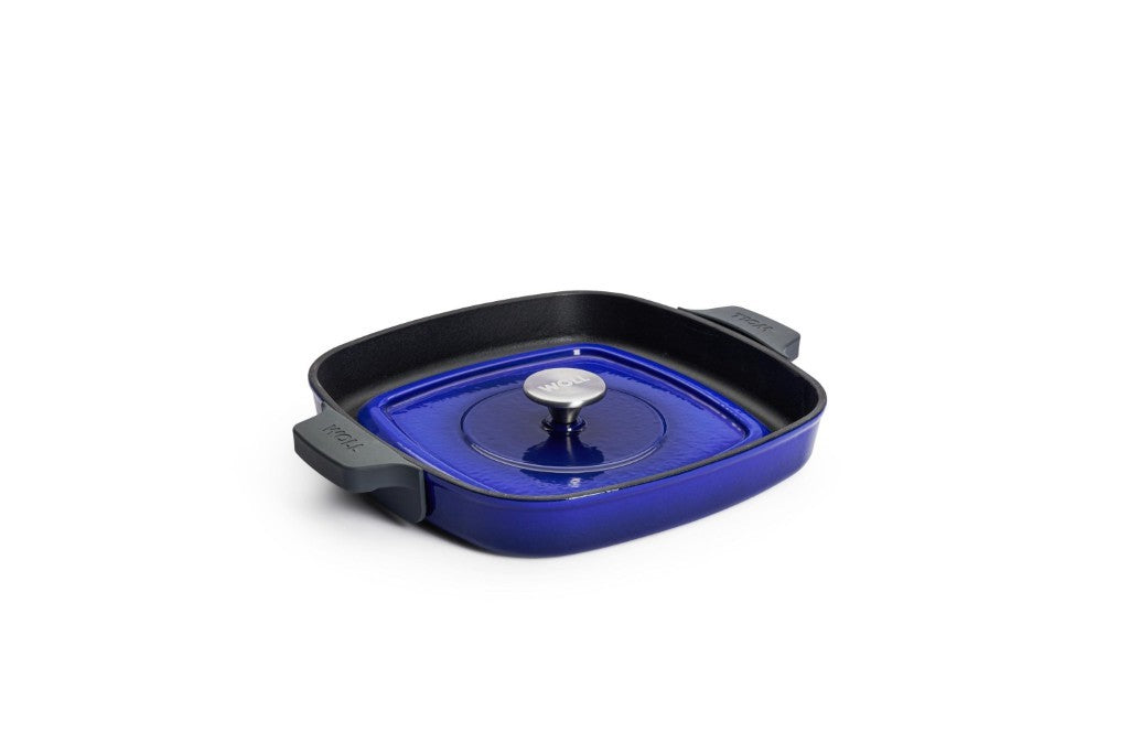 Μαντεμένια γκριλιέρα επισμαλτωμένη Woll Iron Grill με πρέσα ψησίματος 628-2CI-020 28x28cm Cobalt Blue | www.mantemi.gr