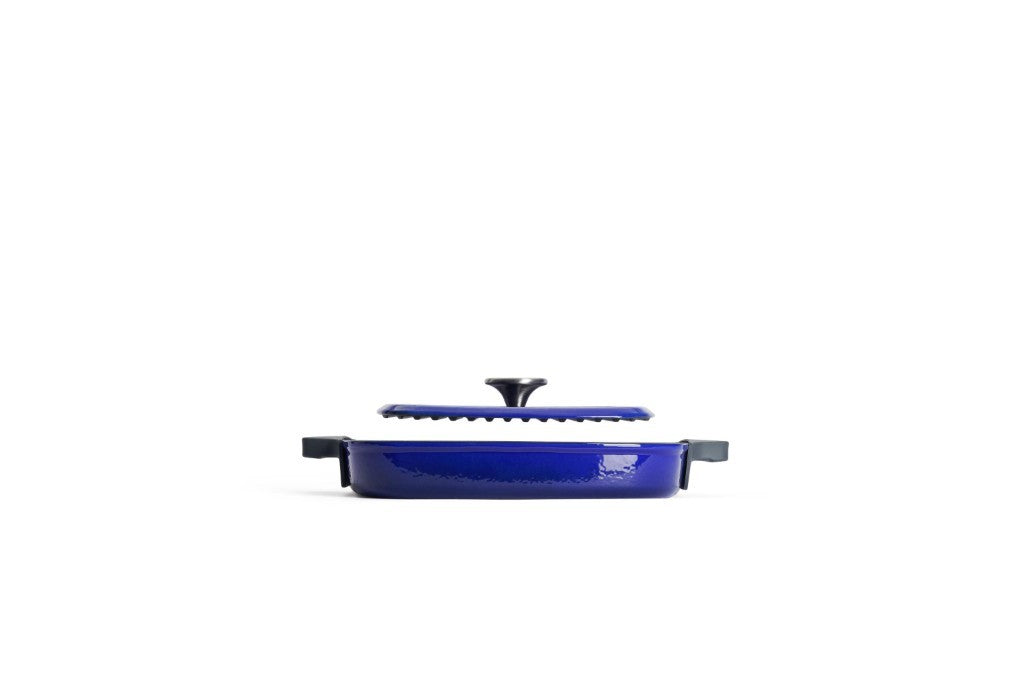 Μαντεμένια γκριλιέρα επισμαλτωμένη Woll Iron Grill με πρέσα ψησίματος 628-2CI-020 28x28cm Cobalt Blue | www.mantemi.gr