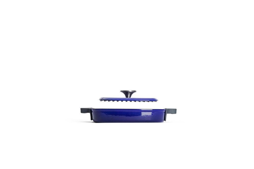 Μαντεμένια γκριλιέρα επισμαλτωμένη Woll Iron Grill με πρέσα ψησίματος 624-2CI-020 24x24cm Cobalt Blue | www.mantemi.gr