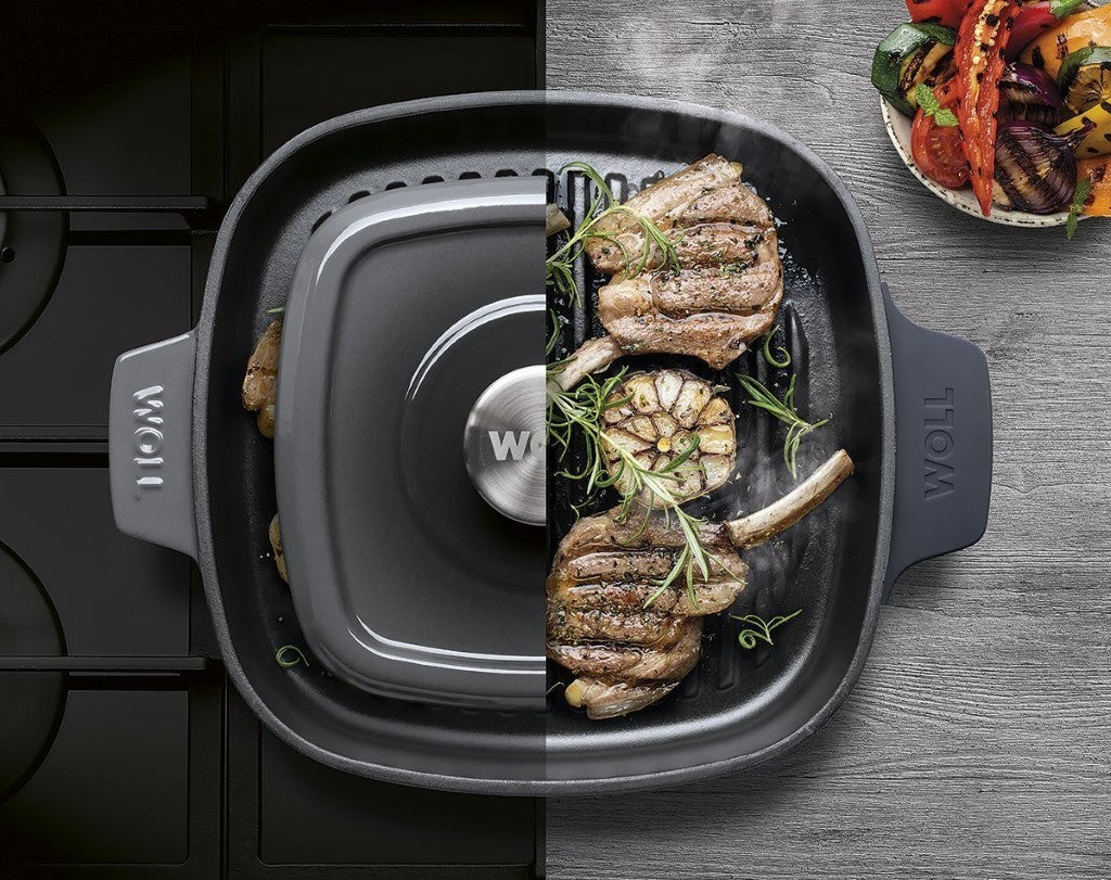 Μαντεμένια γκριλιέρα επισμαλτωμένη Woll Iron Grill με πρέσα ψησίματος 624-2CI-020 24x24cm Cobalt Blue | www.mantemi.gr